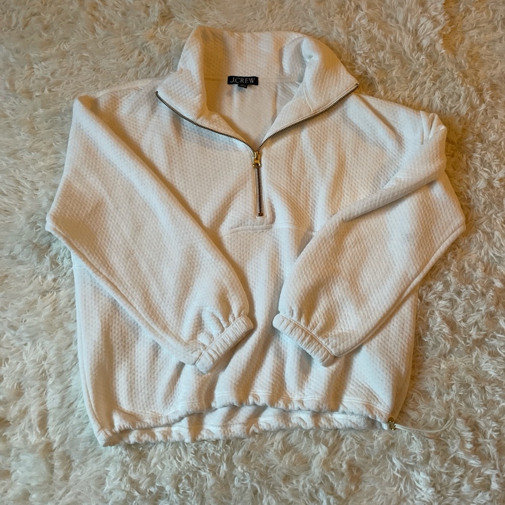 J. Crew Textured White Sweatshirt with Gold Zipper